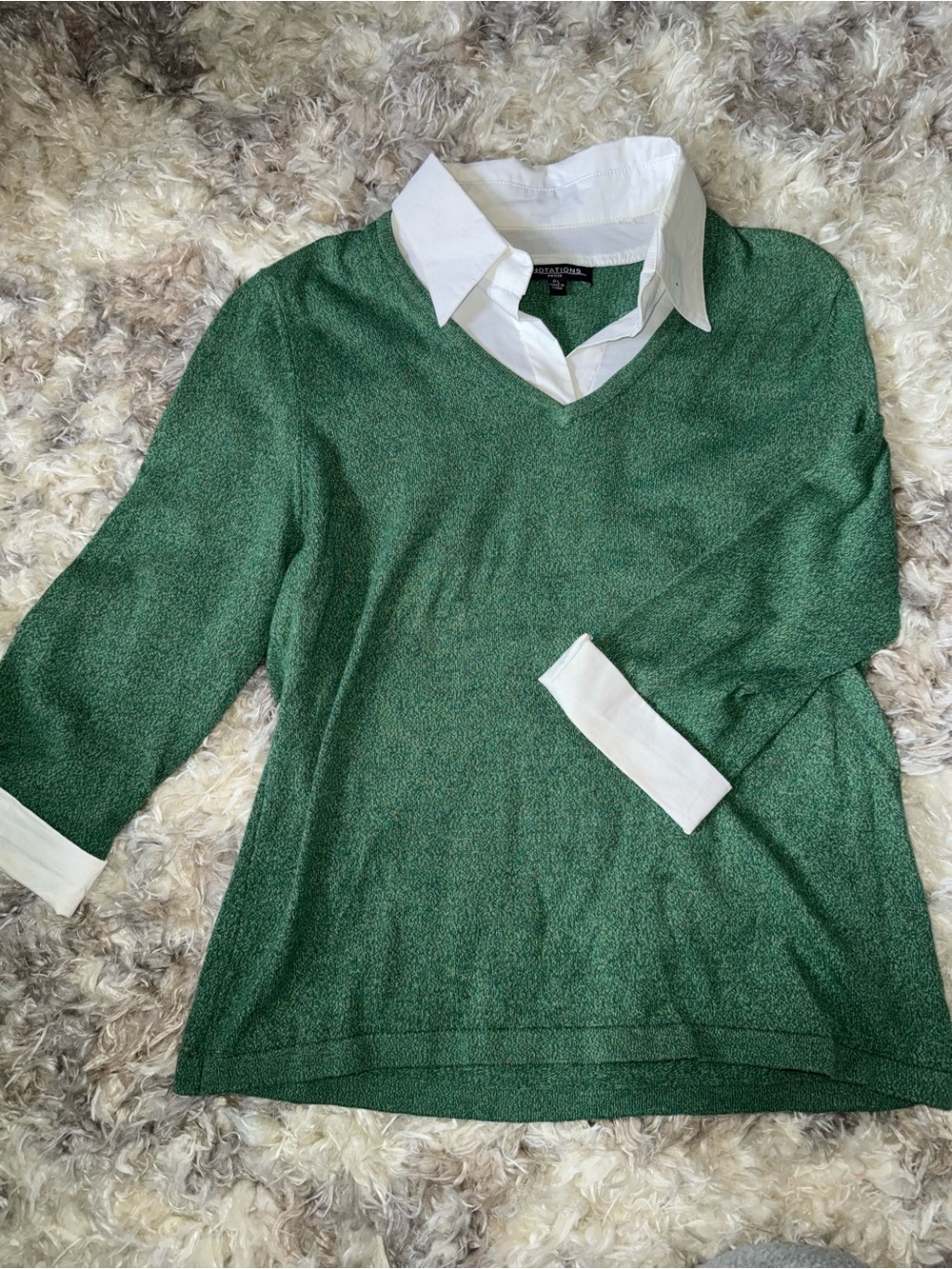 Notations Green V-Neck Layered Sweater with White Collar